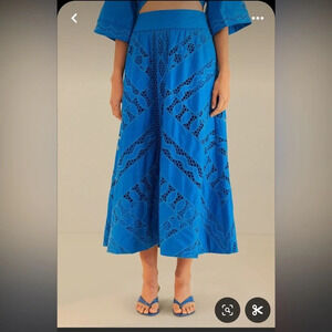 Suncoo Paris Blue Eyelet lace midi skirt, a-line, size T0 or  small